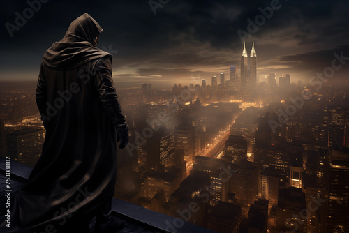 Enigmatic masked super hero vigilante, perched atop a towering city skyscraper. Generative AI