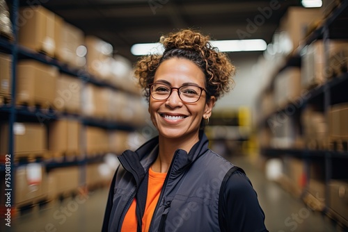 A positive female storekeeper in overalls stands against the background of shelves in a huge warehouse. photo