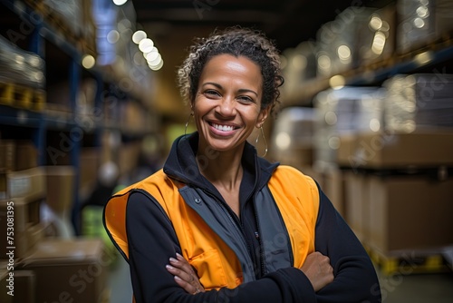 A positive female storekeeper in overalls stands against the background of shelves in a huge warehouse. © photolas