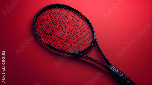 Black tennis racket with tennis ball on red background, Generative Ai
