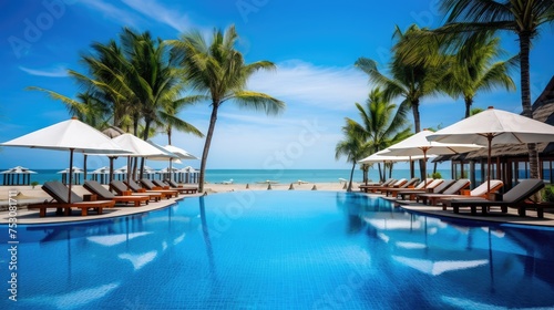 Tropical resort on the ocean under palm trees. Sun loungers and parasols around the pool. Summer sunny day. © photolas