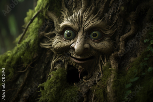 Mischievous forest sprite, peeking out from behind a gnarled tree trunk. Generative AI © Nomad_Soul