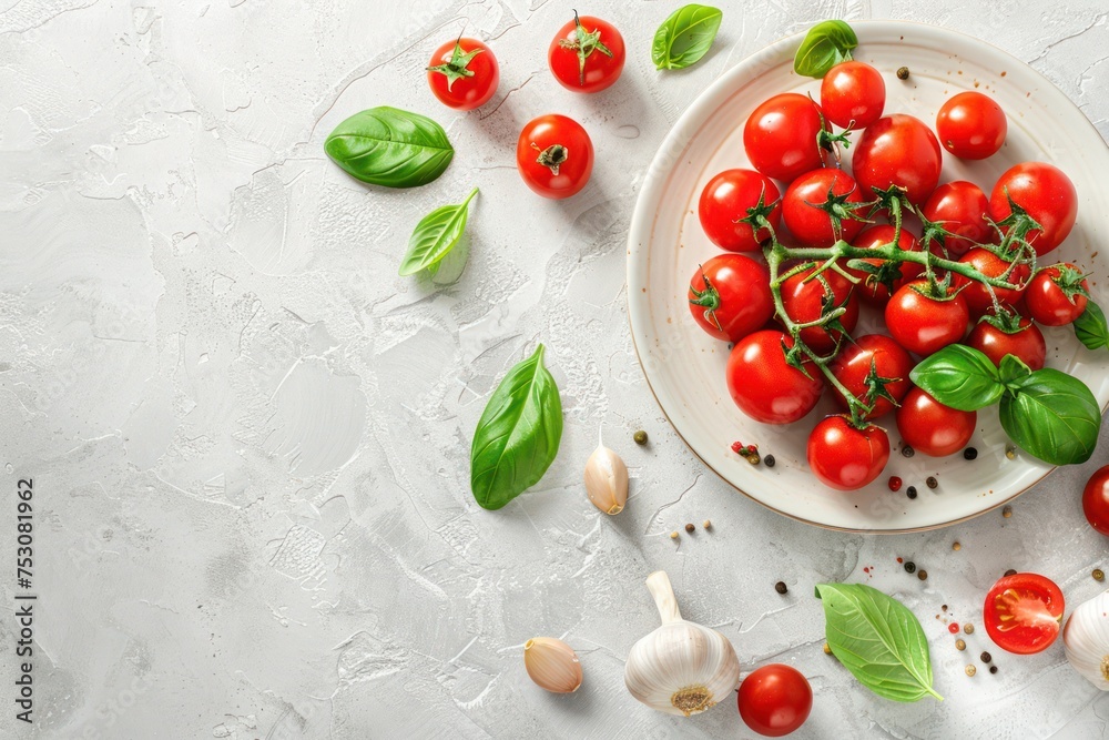 Italian food cooking concept with cherry tomatoes, fresh green basil and garlic cloves top view on plate on white stone background, ingredients for preparing Mediterranean meal.