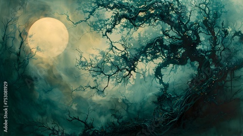 Moonlit Ancient Tree Oil Painting, To provide a unique and visually appealing piece of art for use in digital and printed designs, home decor, and