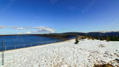 Loucna nad Desnu, Czech 5 March 2024:Beautiful Czech landscape, Jesenik and Kralik mountains in the Dlouhe strane water reservoir photo