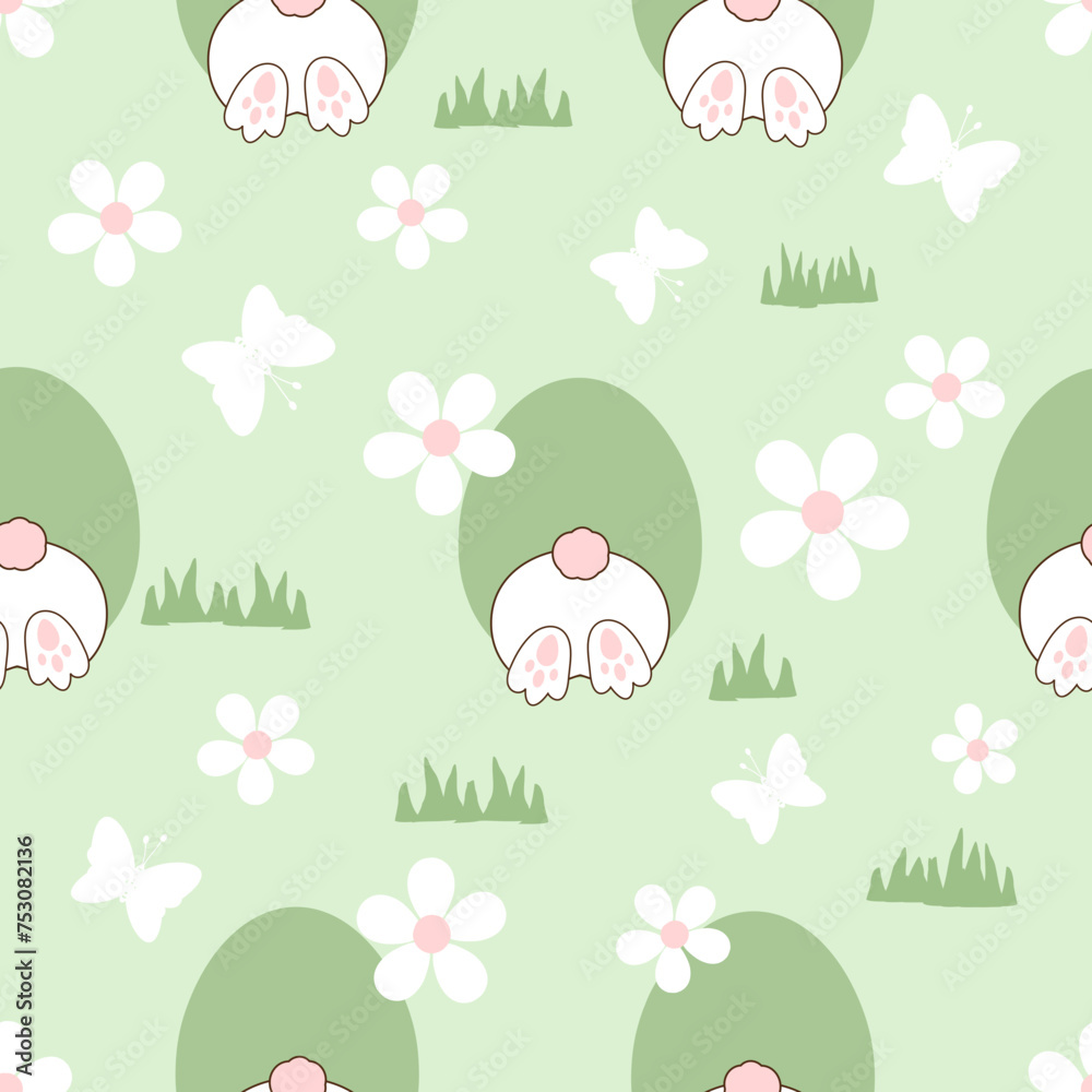 Easter seamless pattern with bunny rabbit bottom, rabbit hole, green grass, cute flower and butterfly cartoons on green background vector.