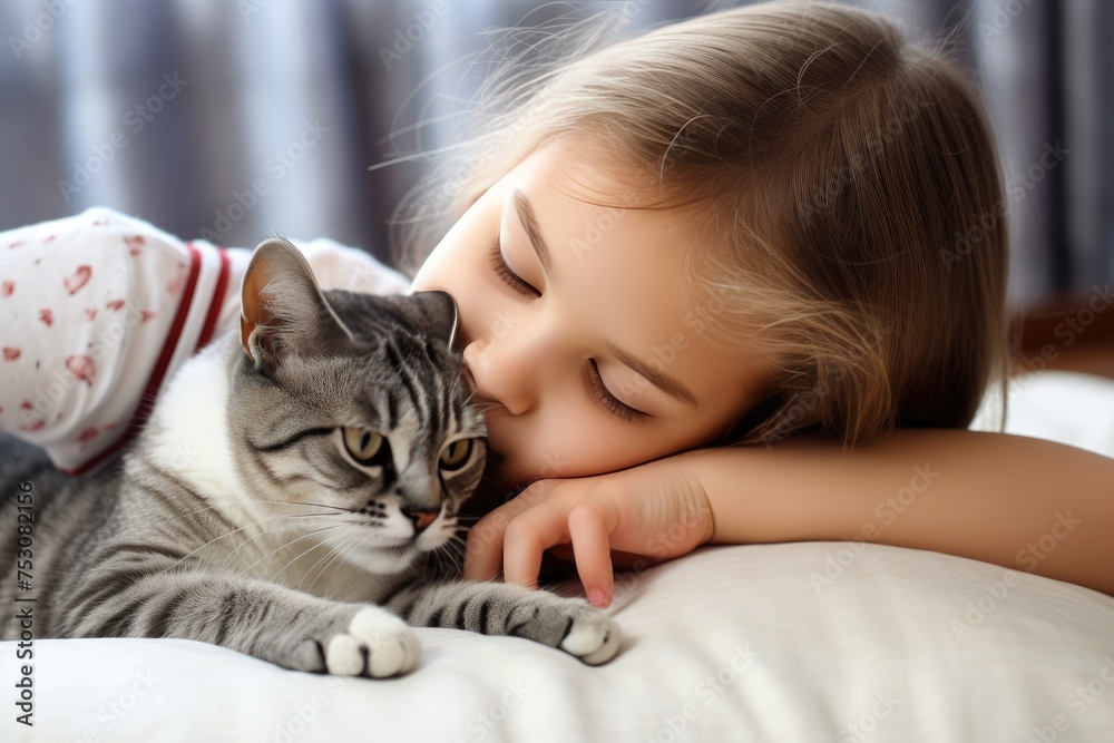 A girl kisses her cute domestic American cat. The child loves and plays with his pet. A girl kisses her cute domestic American cat. The child loves and plays with his pet.