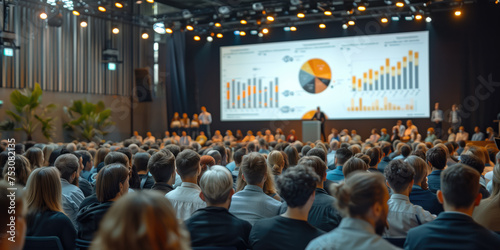 A conference hall filled with attendees facing a speaker and a large projection screen displaying colorful data charts and graphs.