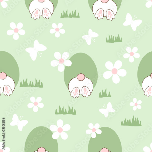 Easter seamless pattern with bunny rabbit bottom, rabbit hole, green grass, cute flower and butterfly cartoons on green background vector.