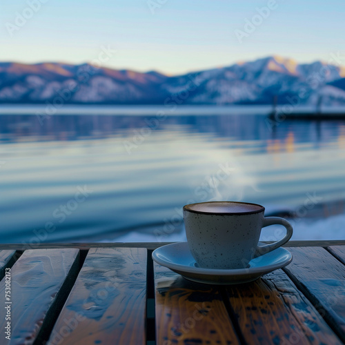 Cup of coffee on a deck overlooking Lake Tahoe