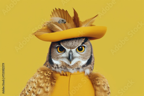 stylish owl in a yellow dress hat