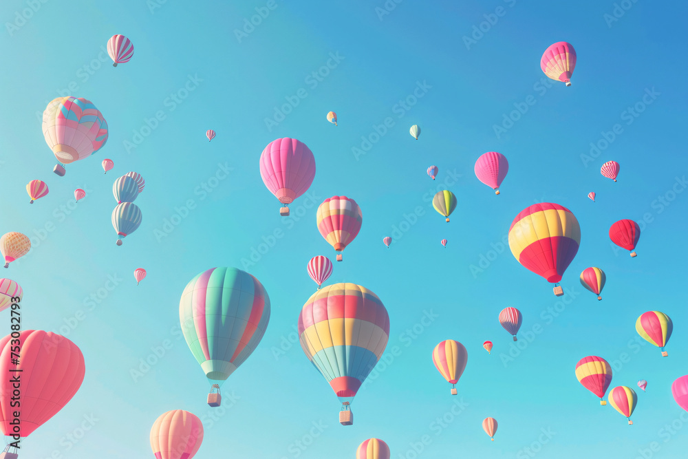 Uplifting 3D animation of vibrant hot air balloons rising in a clear, blue sky