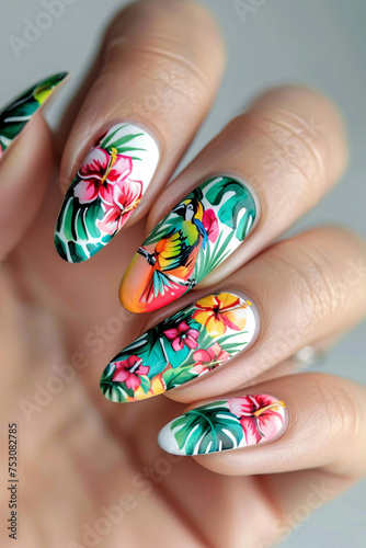 Tropical paradise nails, bright florals, exotic birds, vacation vibes. Glamour woman hand with nail polish on her fingernails. Nail art and design.