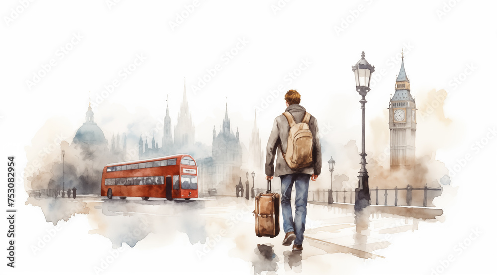 Great Britain traveling ads watercolor illustration, tourist with luggage in London, flight booking promotion, last minute voyage adventure - plane travel city trip guide advertising asset drawing. - obrazy, fototapety, plakaty 