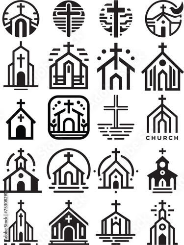 Churches and cross icons and logos for a simplistic modern minimalistic design. Some bell towns and building designs with the 4 corners of the world. 