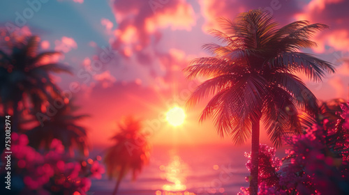 Vintage Retro Filtered Hawaii Palm Trees At Sunset.
