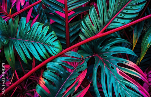 Decorative pattern with magenta tropical leaf elements
