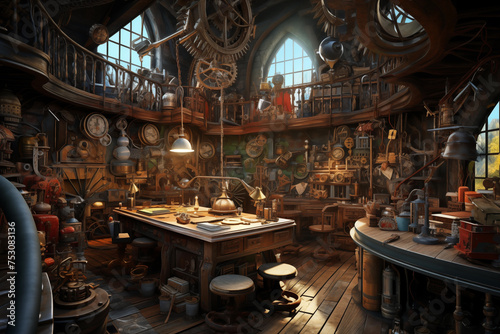 Whimsical steampunk inventor's workshop, cluttered with gears, gadgets, flying mechanical contraptions. Generative AI