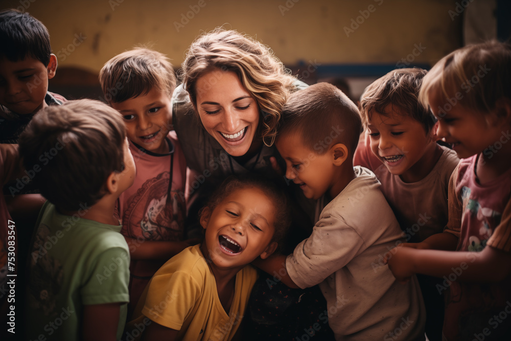 Fototapeta premium Nurturing teacher, surrounded by children, their face adorned with a warm smile and compassionate eyes. Generative AI
