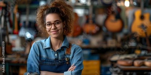 A bold young creative sparks inspiration in her vibrant workshop or guitar shop. Concept Creativity, Entrepreneurship, Inspiration, Workshop, Music Store