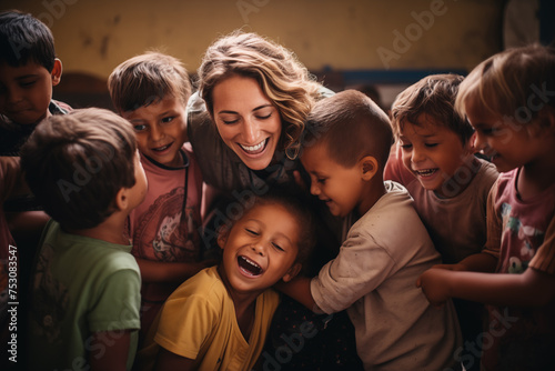 Nurturing teacher  surrounded by children  their face adorned with a warm smile and compassionate eyes. Generative AI