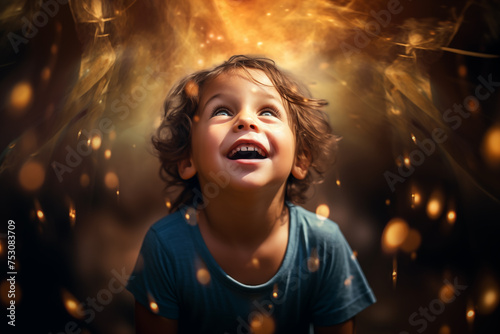 Cute kid, eyes sparkling with innocence and wonder, surrounded by world of imagination and possibility. Generative AI