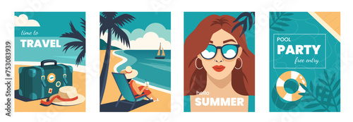 Summer holidays, travel and vacation concept set. Collections of retro style posters with woman relaxed at the beach, vintage suitcase luggage and swimming pool. Vector illustration.