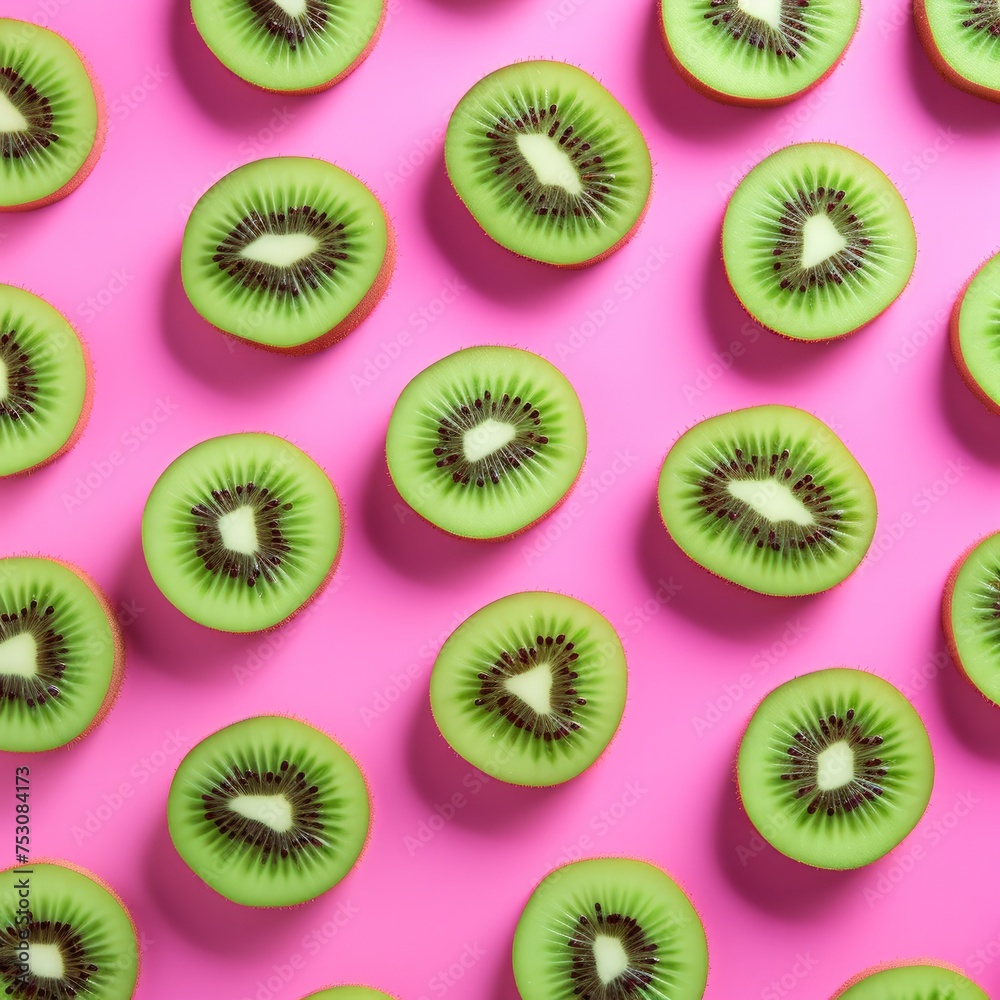 Slices of kiwi on pink background. Flat lay. Kiwi pattern for design.
