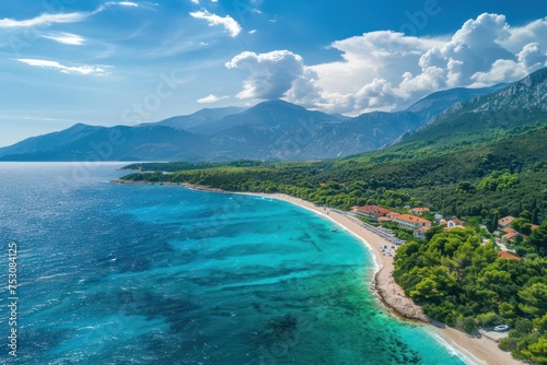 peaceful aerial wide beach landscape summer vacation mediterranean holiday waves crash stunning blue ocean bay sea panoramic coastline tranquil aerial drone top view relaxing sunny beach seaside 