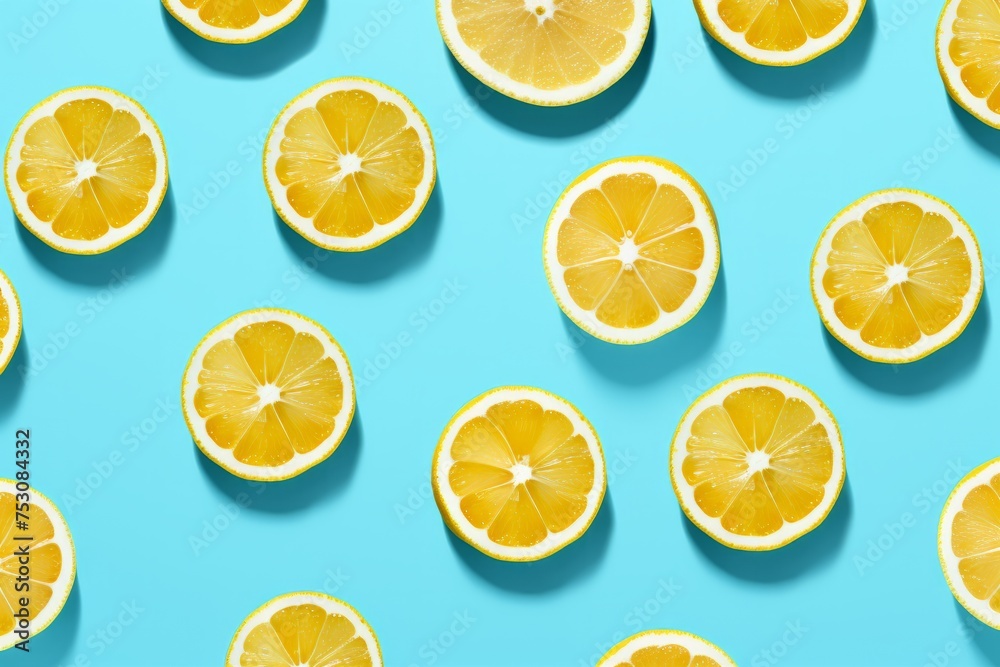 Summer pattern made with yellow lemon slice on bright light blue background. Minimal summer concept.