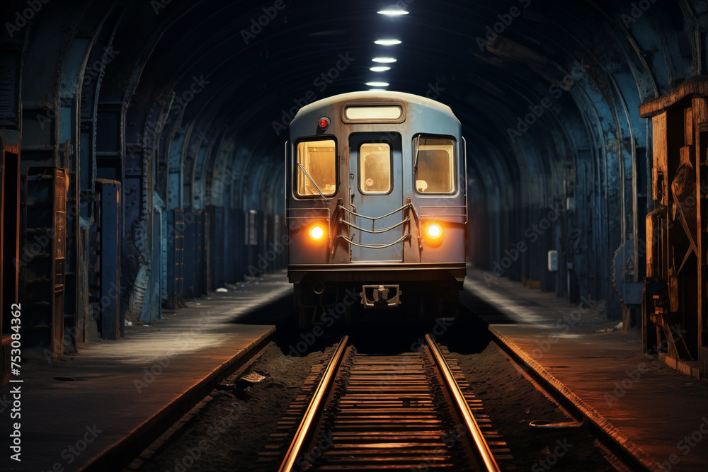 Naklejka premium Urban subway tunnel illuminated by the lights of an approaching train. Generative AI