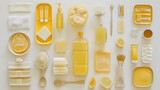 Assorted yellow objects arranged neatly on white background, daily essentials variety, simplistic aesthetic flat lay photography. AI