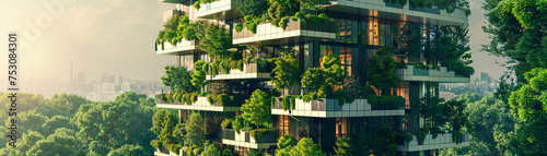A vertical forest skyscraper, with balconies overflowing with greenery, redefining modern urban living spaces. Sustainable green building. Eco-friendly building. Green architecture.