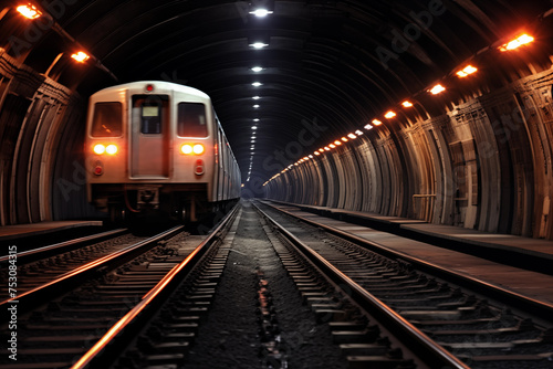 Old urban subway tunnel illuminated by the lights of an approaching train. Generative AI