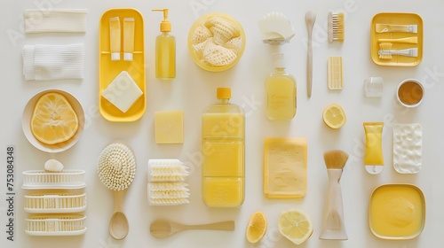 Assorted yellow objects arranged neatly on white background, daily essentials variety, simplistic aesthetic flat lay photography. AI