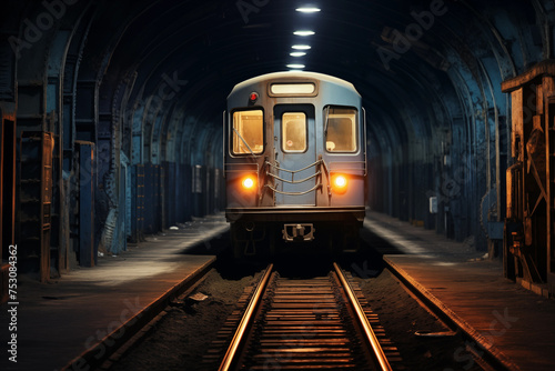 Urban subway tunnel illuminated by the lights of an approaching train. Generative AI