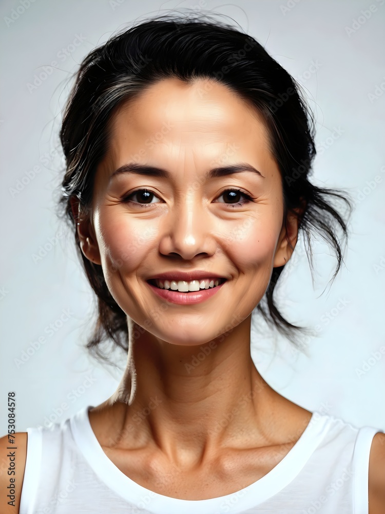 Portrait of mature beautiful Asian woman, natural makeup, isolated on white background, self care and beauty Portrait of mature beautiful Asian woman, natural makeup, isolated on white background, self care and beauty
