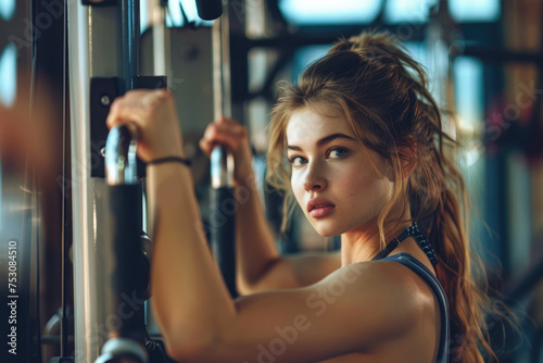 Young athletic woman working out on exercise machine in gym