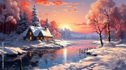 A cozy cabin in a winter forest on the shore of a lake. Illustration of a landscape against a sunset sky. © photolas