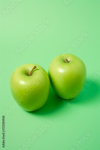 Green on Green: Two Vibrant Granny Smith Apples on a Matching Background. Minimal summer fruit layout.