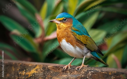 The Blue-crowned Motmot, also known as Momotus momota, is a beautiful green, red, orange, and yellow bird that lives in a natural forest setting in Colombia.