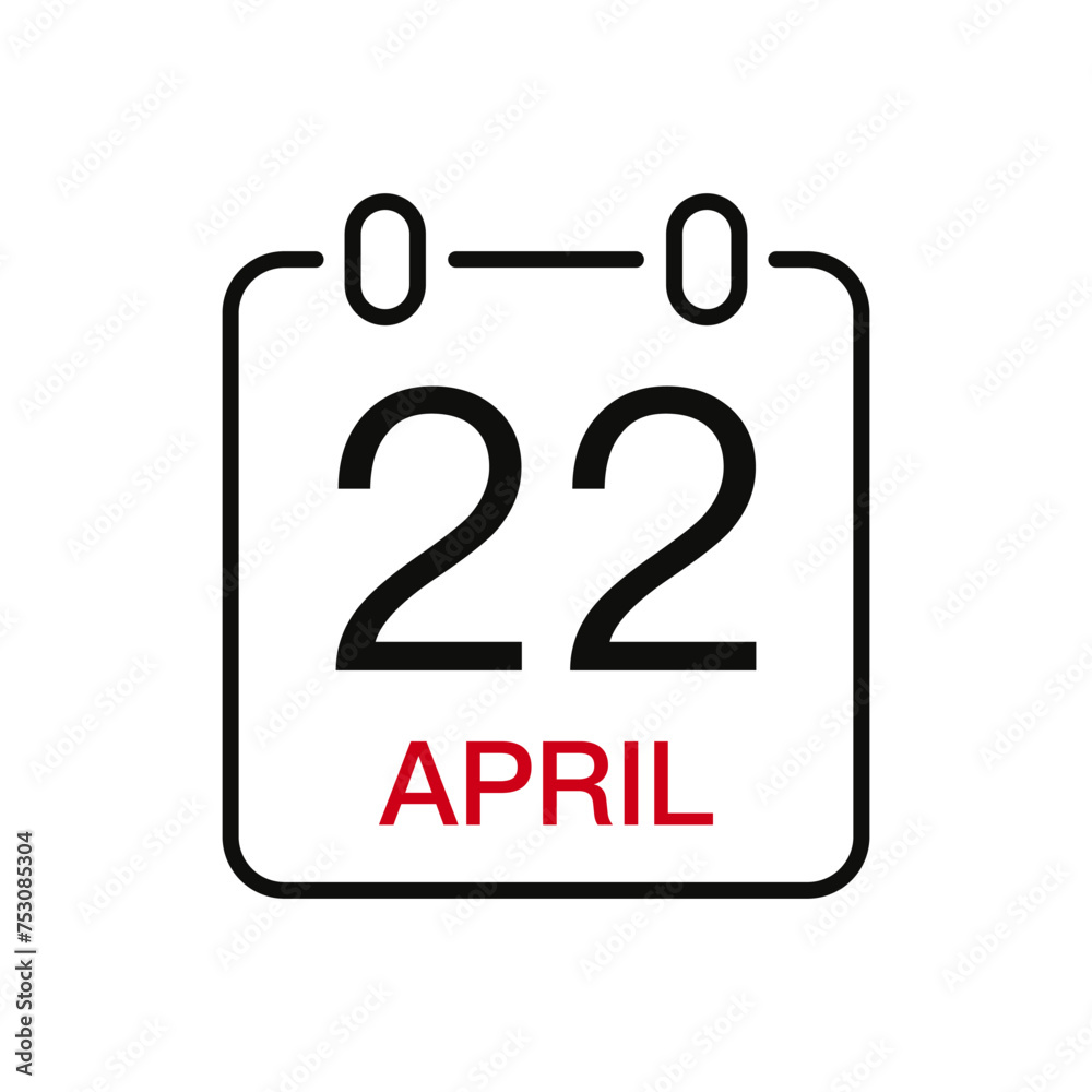 April 22 date on the calendar, vector line stroke icon for user interface. Calendar with date, vector illustration. April 22 date on the calendar, vector line stroke icon for user interface. Calendar with date, vector illustration.