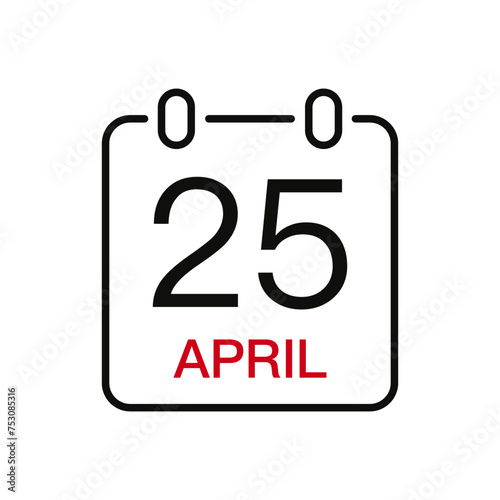 April 25 date on the calendar, vector line stroke icon for user interface. Calendar with date, vector illustration.