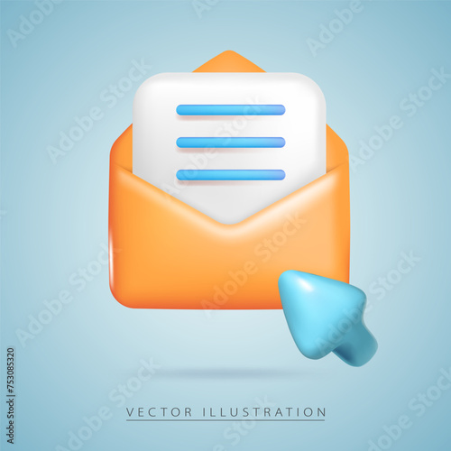 Open envelope in realistic 3d style, isolated on orange background.