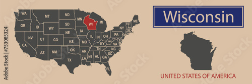Vector map borders of the USA Wisconsin state. State of Wisconsin on the map of the United States of America. photo