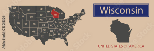 Vector map borders of the USA Wisconsin state. State of Wisconsin on the map of the United States of America.