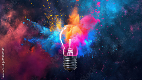 Creative concept light bulb broken explodes with colorful powder colors on a light dark background