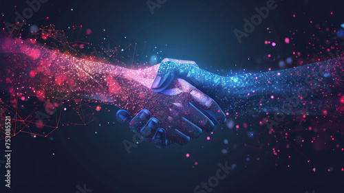 Handshake in digital futuristic style. The concept of partnership