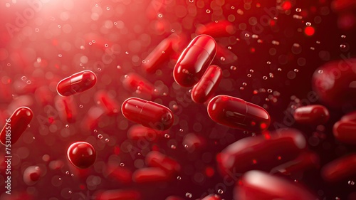 3d rendering of red pills floating on red background. Medicine and healthcare concept