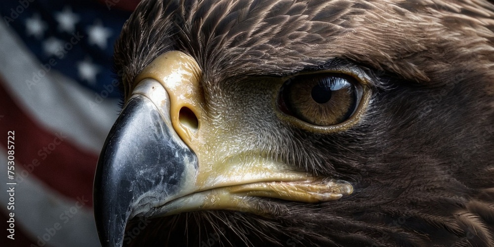 Closeup portrait majestic eagle. American flag in background. Closeup portrait majestic eagle. American flag in background.